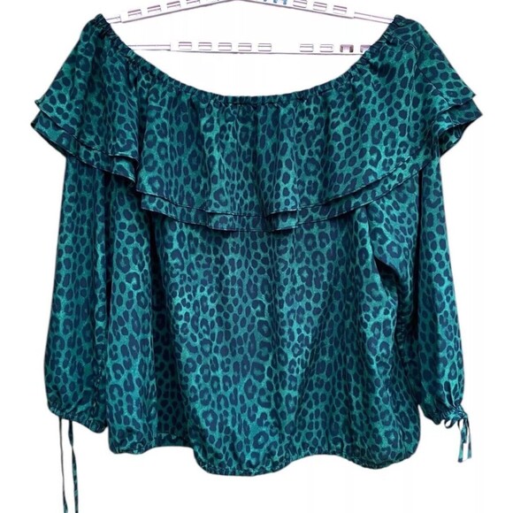 Michael Kors Green Cheetah Animal Print Off the Shoulder Ruffle Top 1X 2X READ - Picture 2 of 14